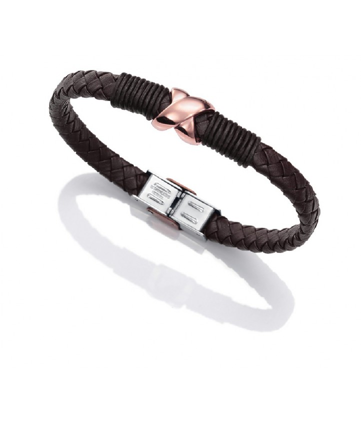 pulsera masculina en cuero con detalles en plata y metal rosé